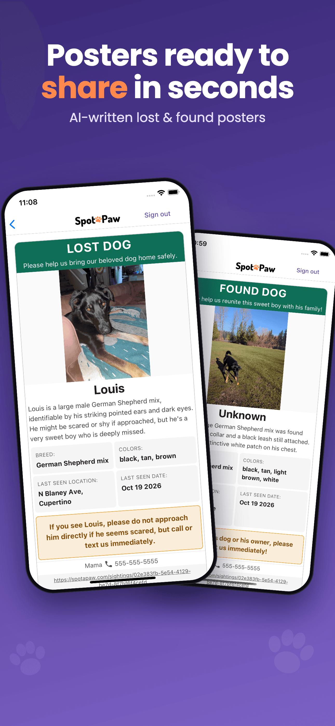 Posters ready to share in seconds. AI-powered lost and found posters.
